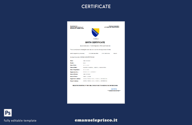 stile verificato Certificato di nascita dello stato di stato della Bosnia ed Erz